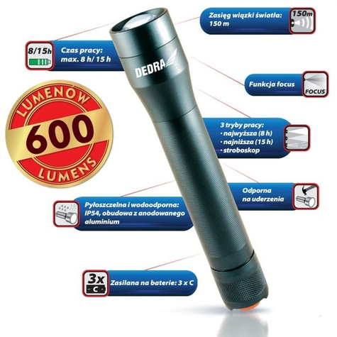 Latarka CREE XML LED, obudowa alu, na bat 3xC, 600lm, IP54