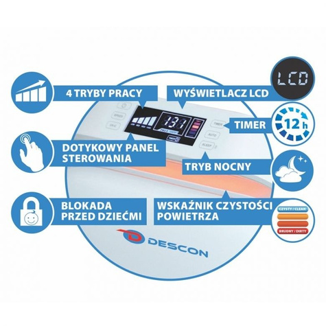 Oczyszczacz powietrza 70W, 50m2, wyświetlacz LCD, pilot