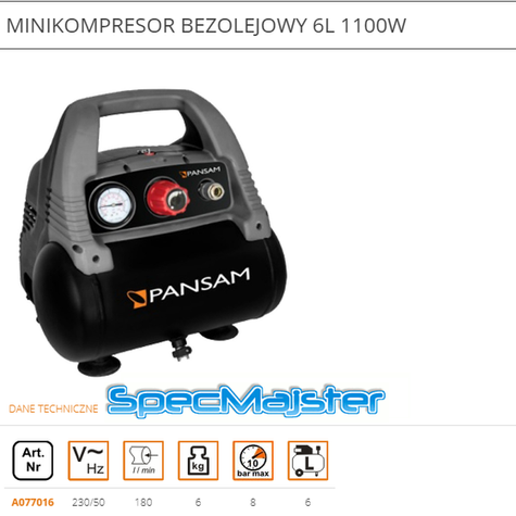 Kompresor bezolejowy 1,1 kW 8 bar zbiornik 6L