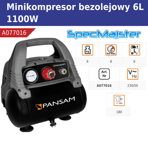 Kompresor bezolejowy 1,1 kW 8 bar zbiornik 6L